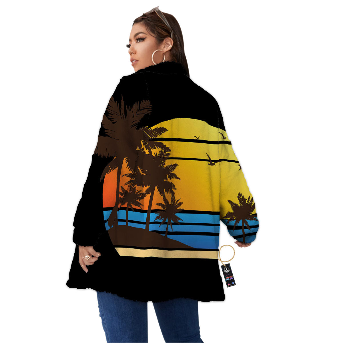 Beach Sunset Palm Tree Print Women's Sherpa Jacket-grizzshop