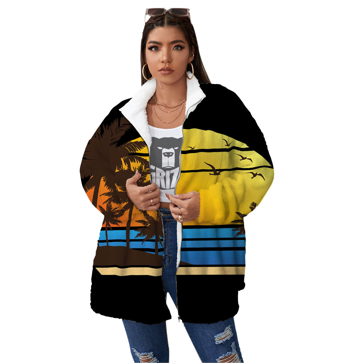Beach Sunset Palm Tree Print Women's Sherpa Jacket-grizzshop