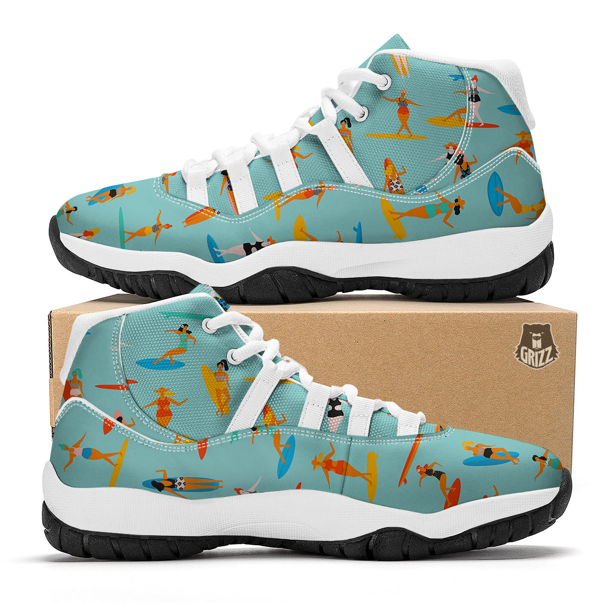 Beach Surfing Pattern Print White Bball Shoes-grizzshop