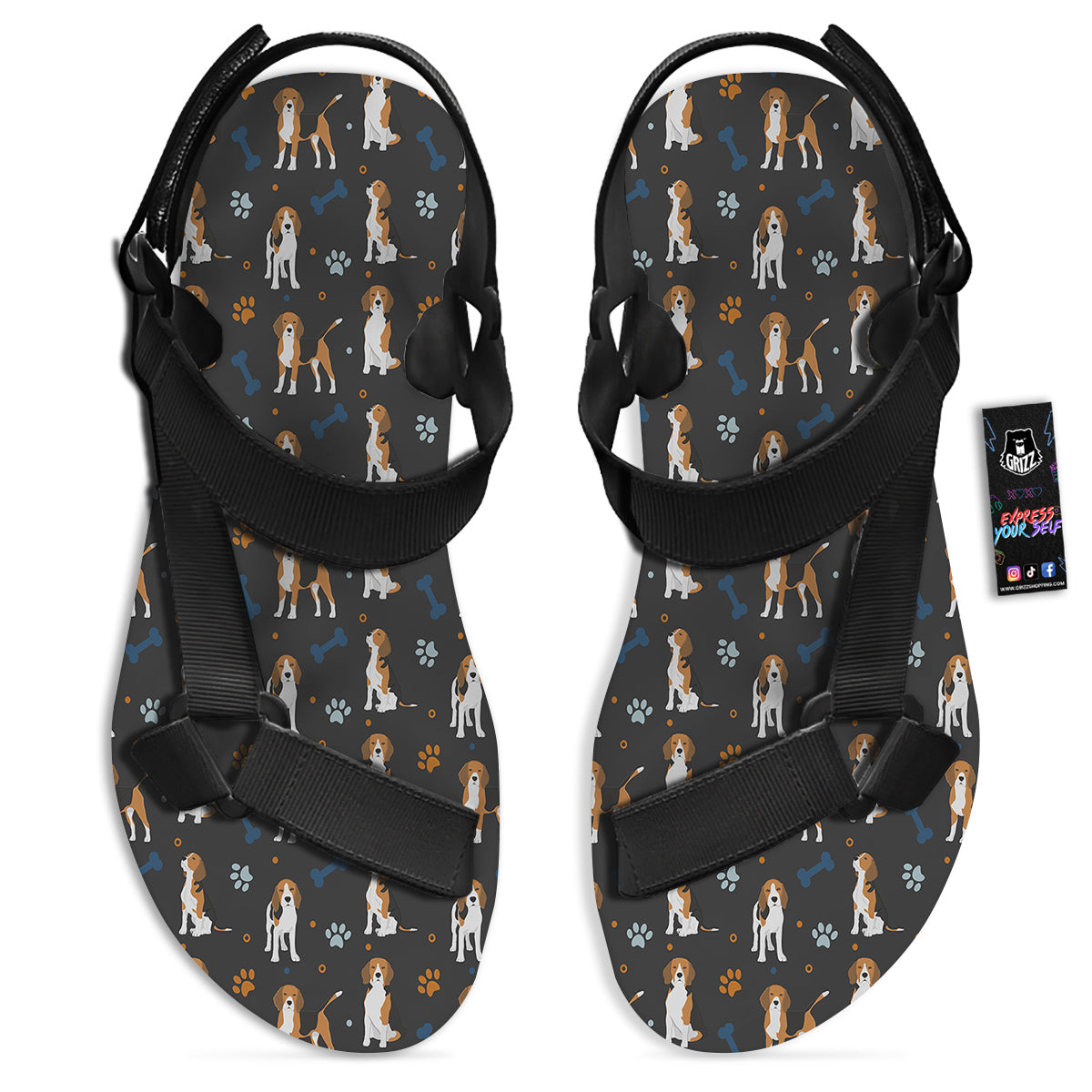 Beagle Cute Cartoon Print Pattern Black Open Toe Sandals-grizzshop