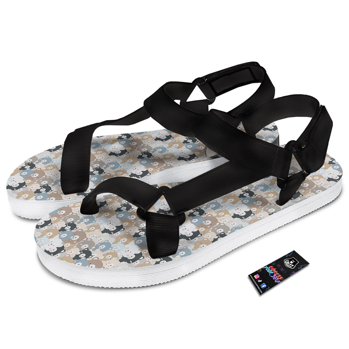 Bear Cute Print Pattern Black Open Toe Sandals-grizzshop