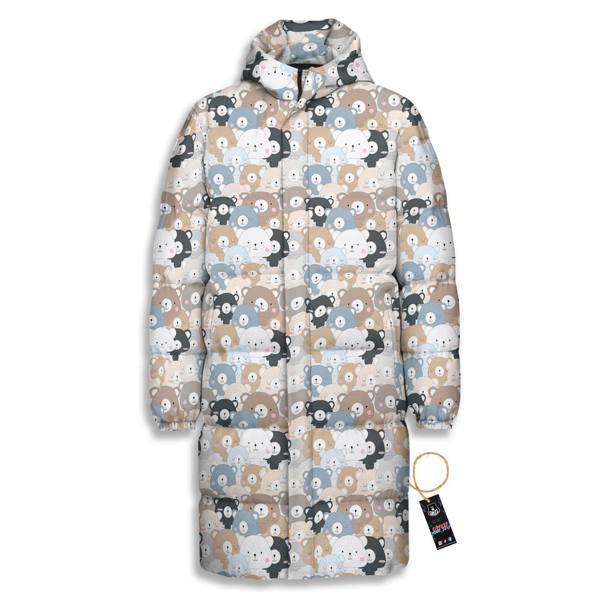 Bear Cute Print Pattern Long Down Jacket-grizzshop