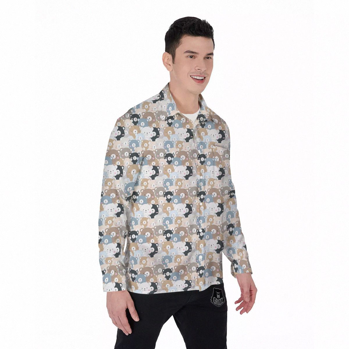 Bear Cute Print Pattern Men's Long Sleeve Shirts-grizzshop
