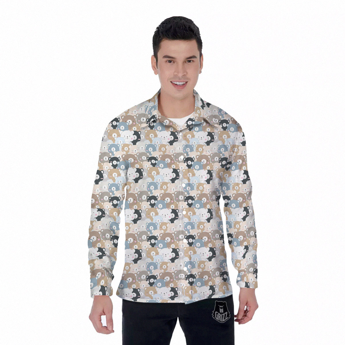 Bear Cute Print Pattern Men's Long Sleeve Shirts-grizzshop