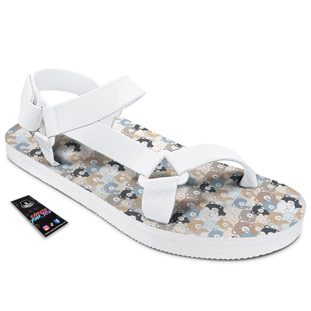 Bear Cute Print Pattern White Open Toe Sandals-grizzshop