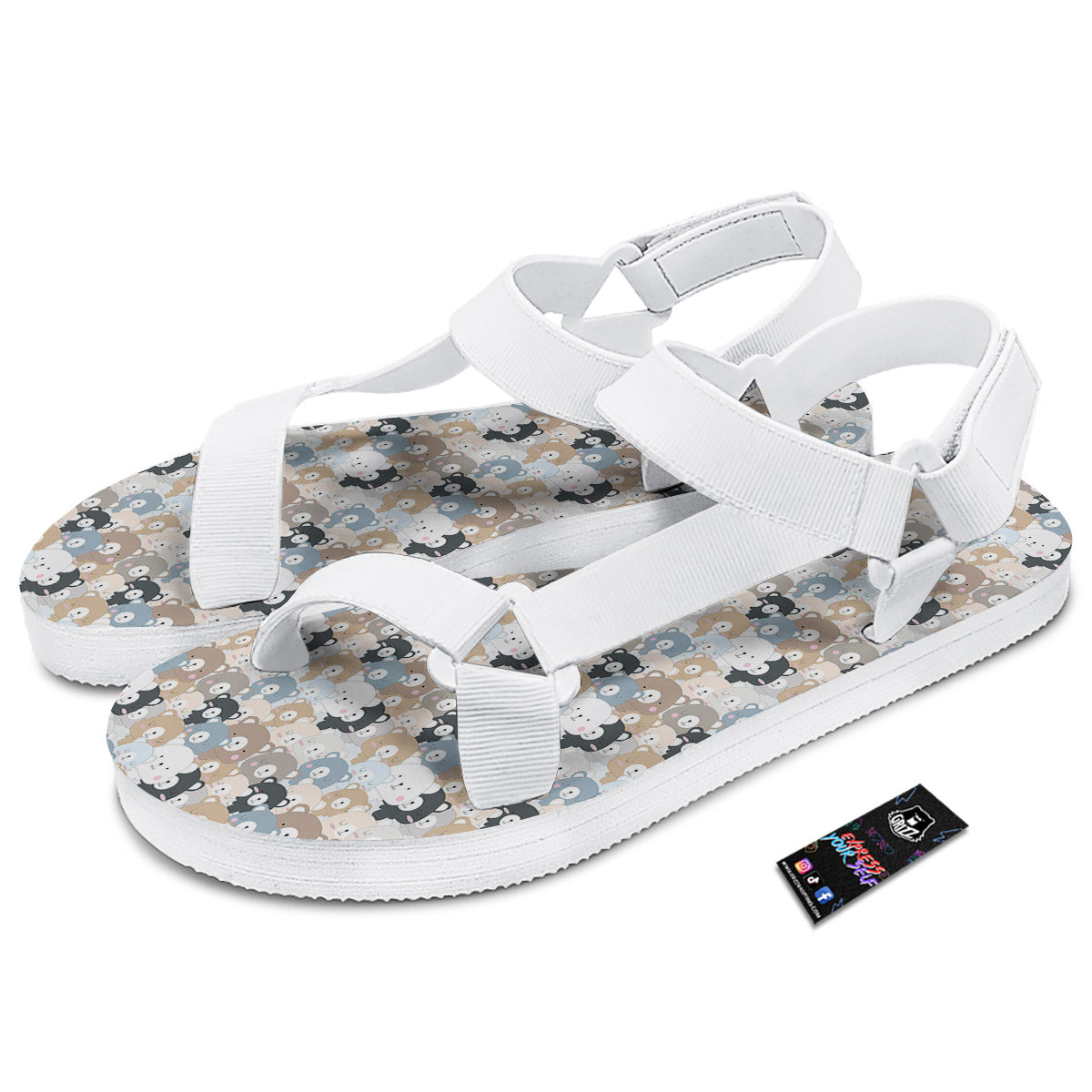 Bear Cute Print Pattern White Open Toe Sandals-grizzshop