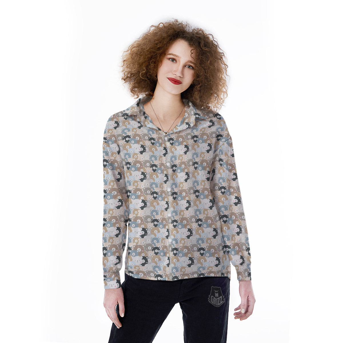 Bear Cute Print Pattern Women's Long Sleeve Shirts-grizzshop