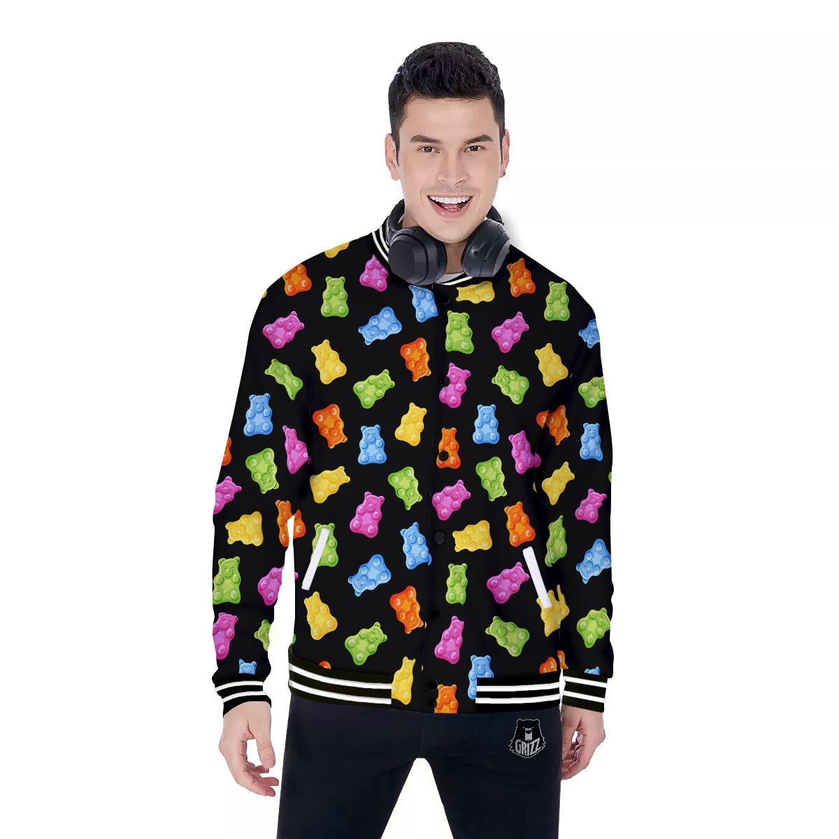 Bear Sweet Gummy Print Pattern Baseball Jacket-grizzshop