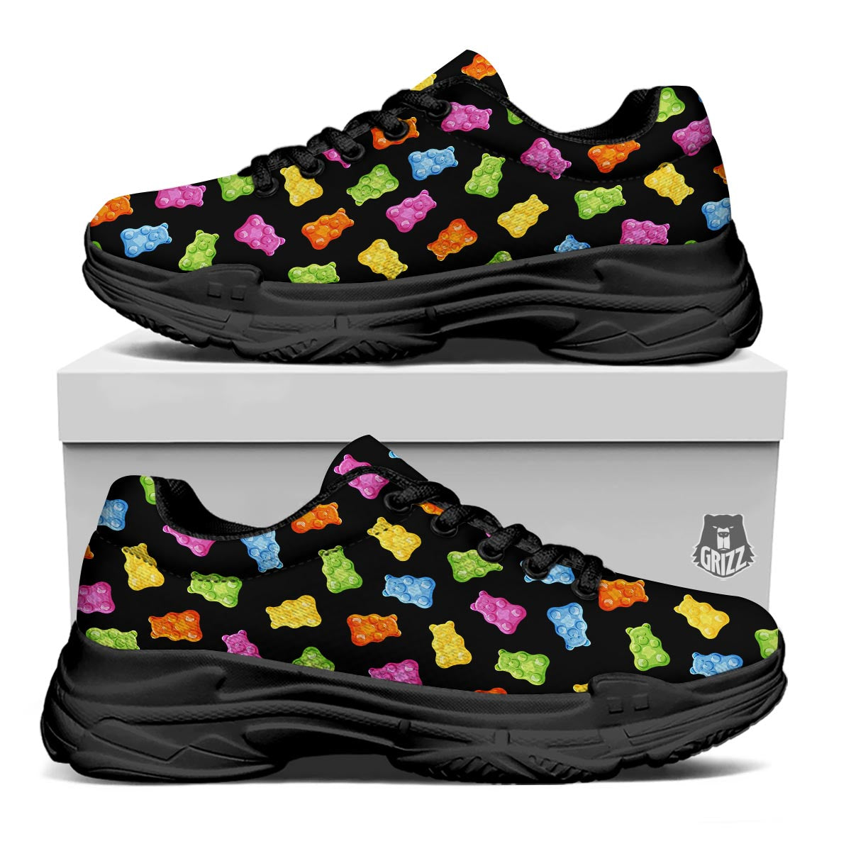 Bear Sweet Gummy Print Pattern Black Chunky Shoes-grizzshop