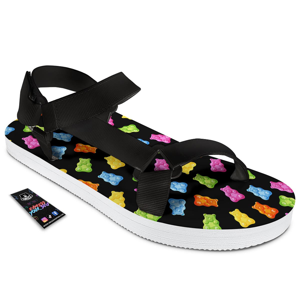 Bear Sweet Gummy Print Pattern Black Open Toe Sandals-grizzshop
