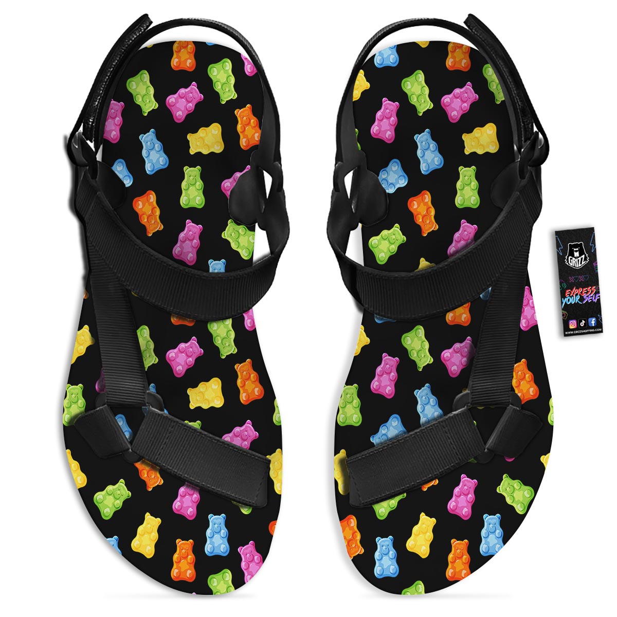 Bear Sweet Gummy Print Pattern Black Open Toe Sandals-grizzshop