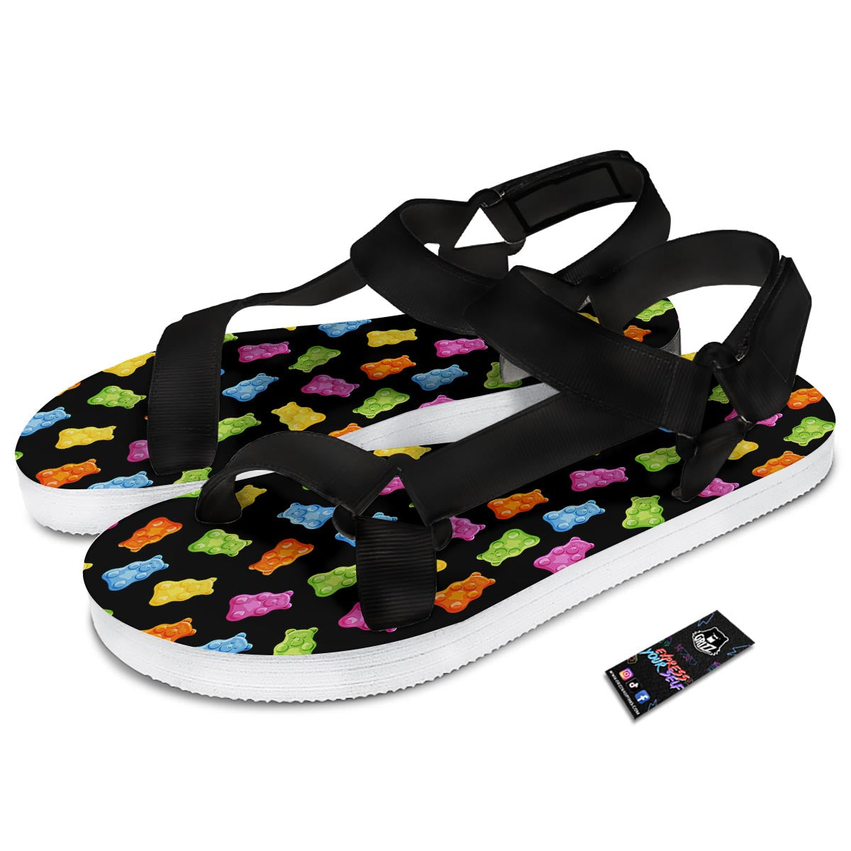 Bear Sweet Gummy Print Pattern Black Open Toe Sandals-grizzshop