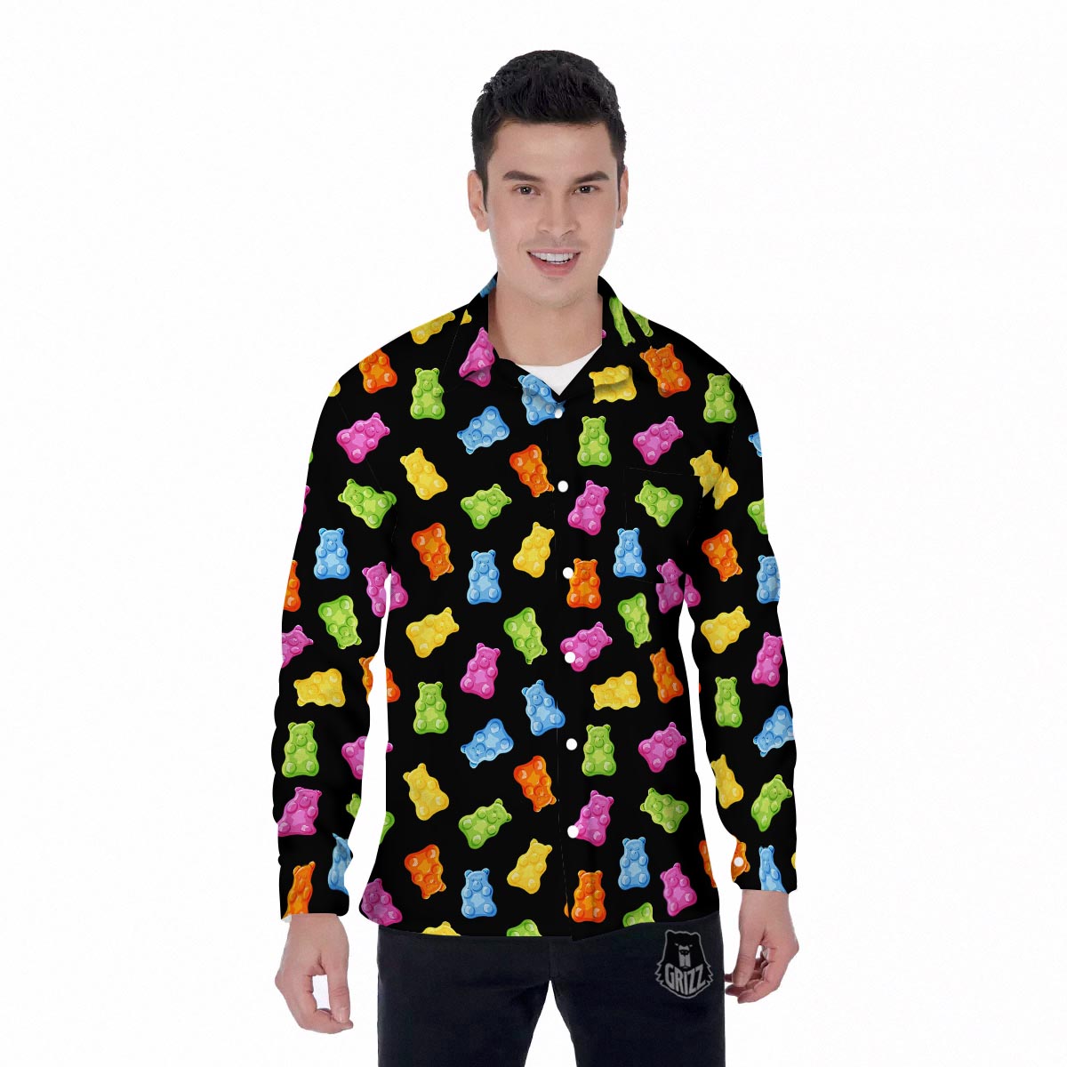Bear Sweet Gummy Print Pattern Men's Long Sleeve Shirts-grizzshop