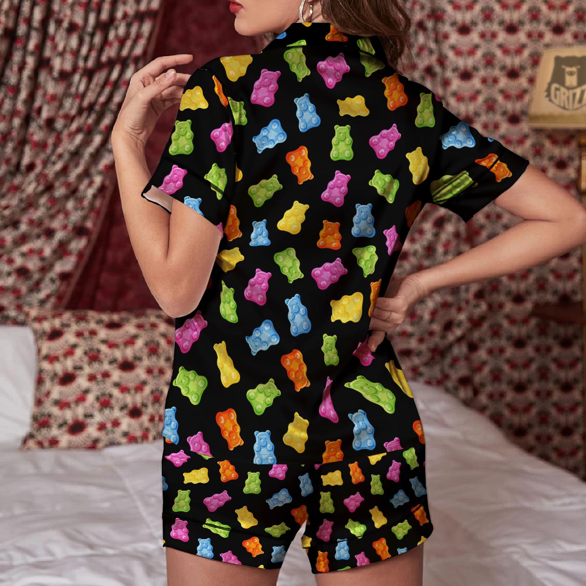 Bear Sweet Gummy Print Pattern Women Silk Pajamas-grizzshop