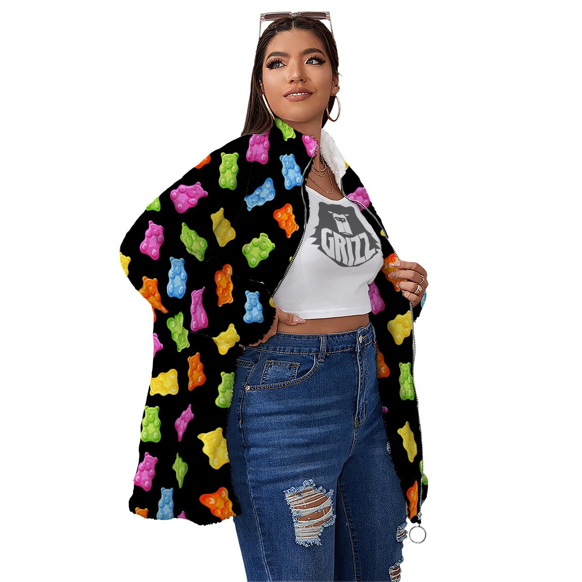 Bear Sweet Gummy Print Pattern Women's Sherpa Jacket-grizzshop