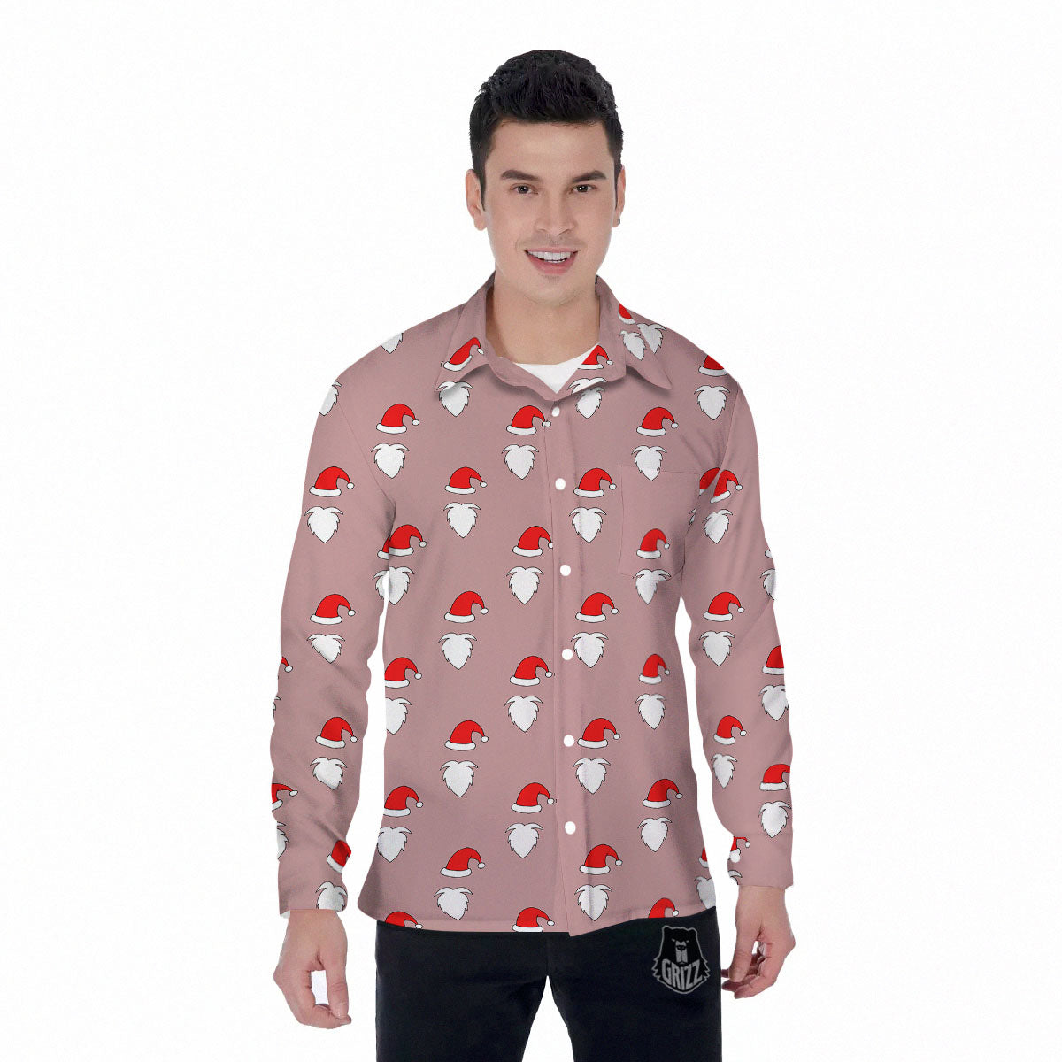 Beard Santa Claus Print Pattern Men's Long Sleeve Shirts-grizzshop