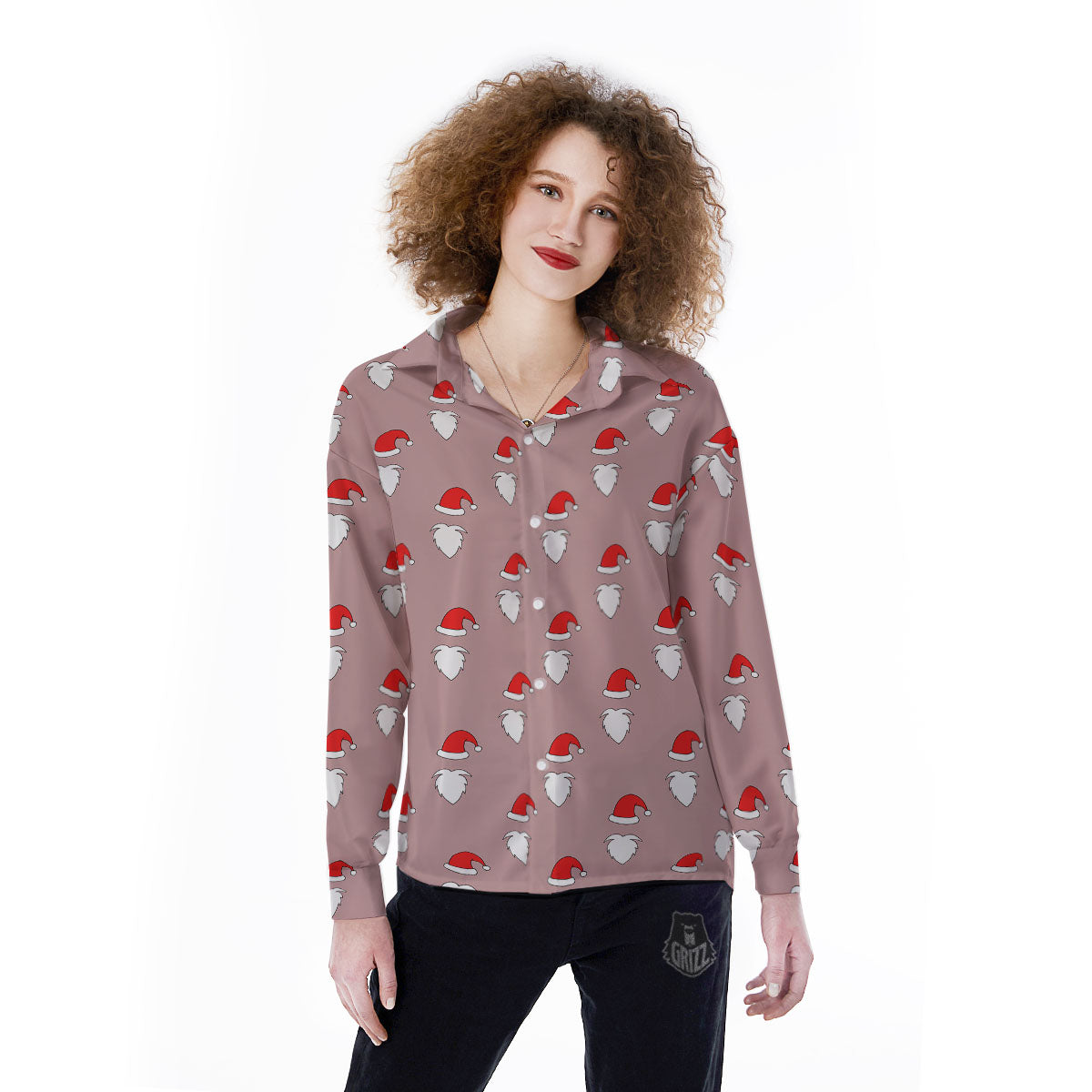 Beard Santa Claus Print Pattern Women's Long Sleeve Shirts-grizzshop