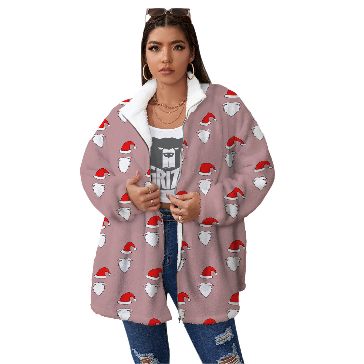 Beard Santa Claus Print Pattern Women's Sherpa Jacket-grizzshop