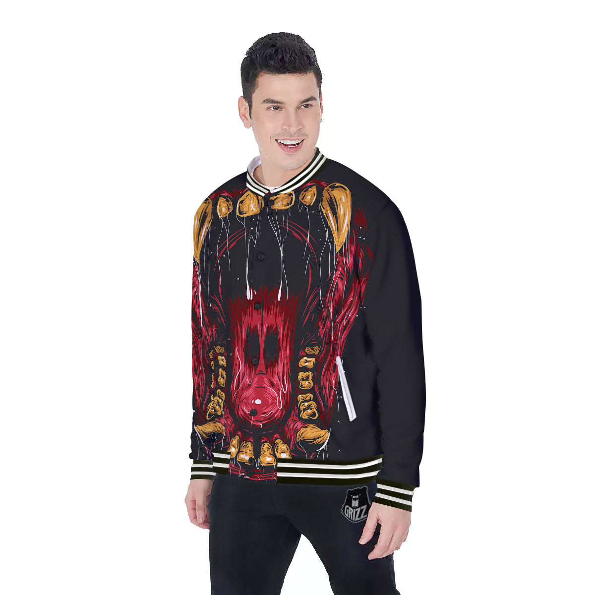 Beast Mouth Open Print Baseball Jacket-grizzshop