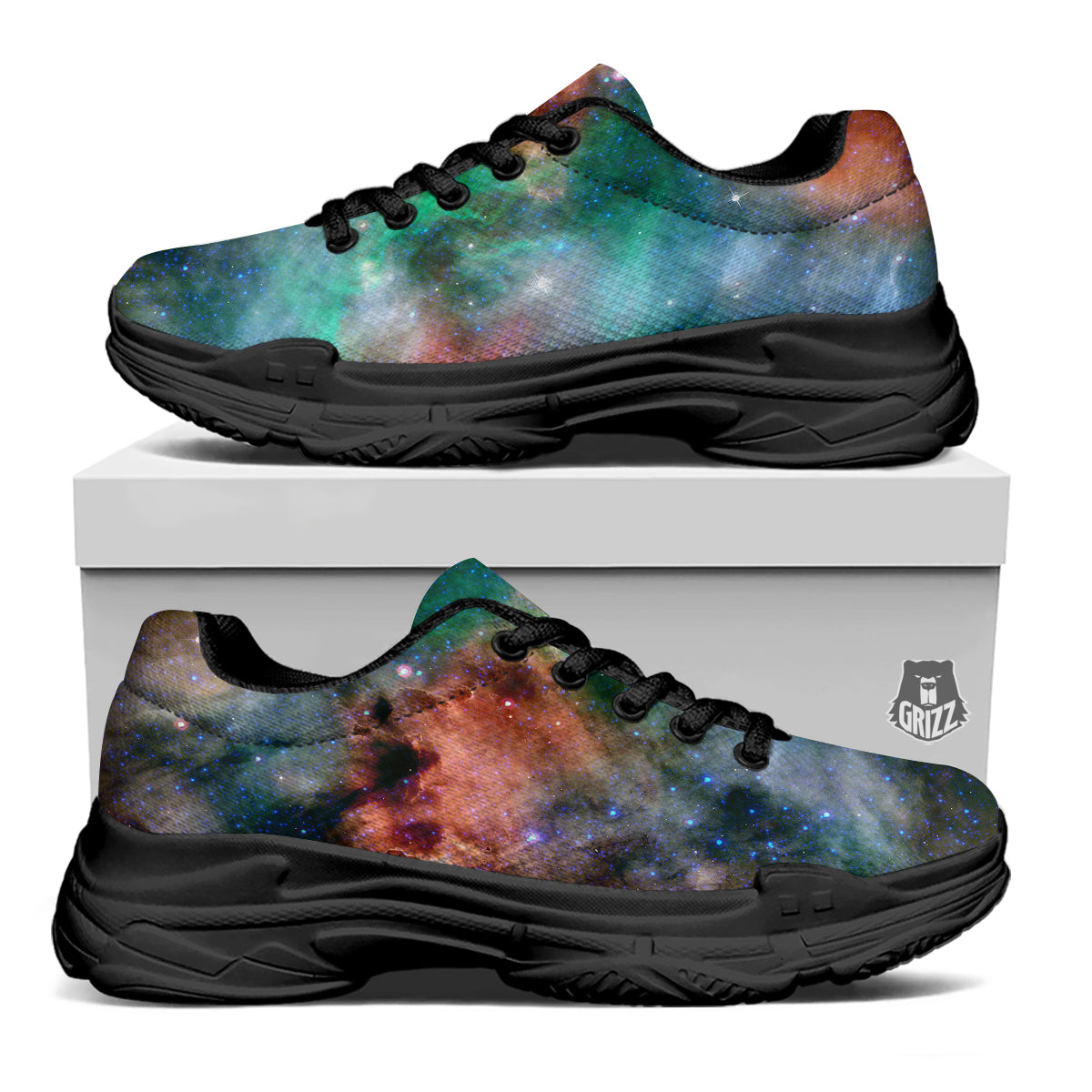 Beauty Of Outer Space Print Black Chunky Shoes-grizzshop