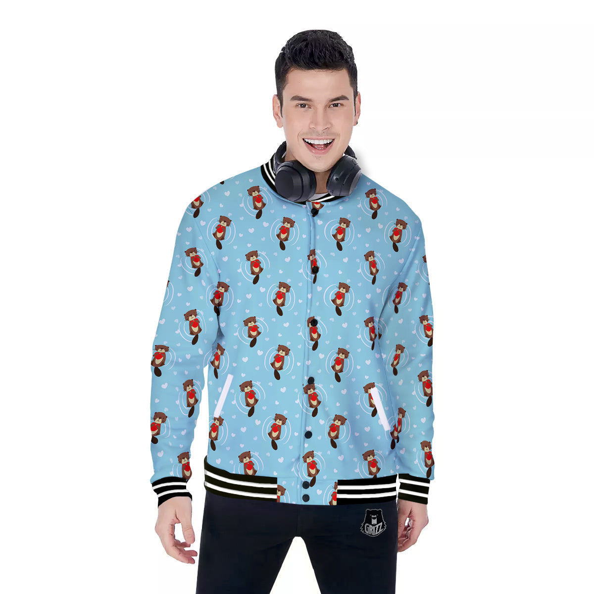 Beaver And Heart Print Pattern Baseball Jacket-grizzshop