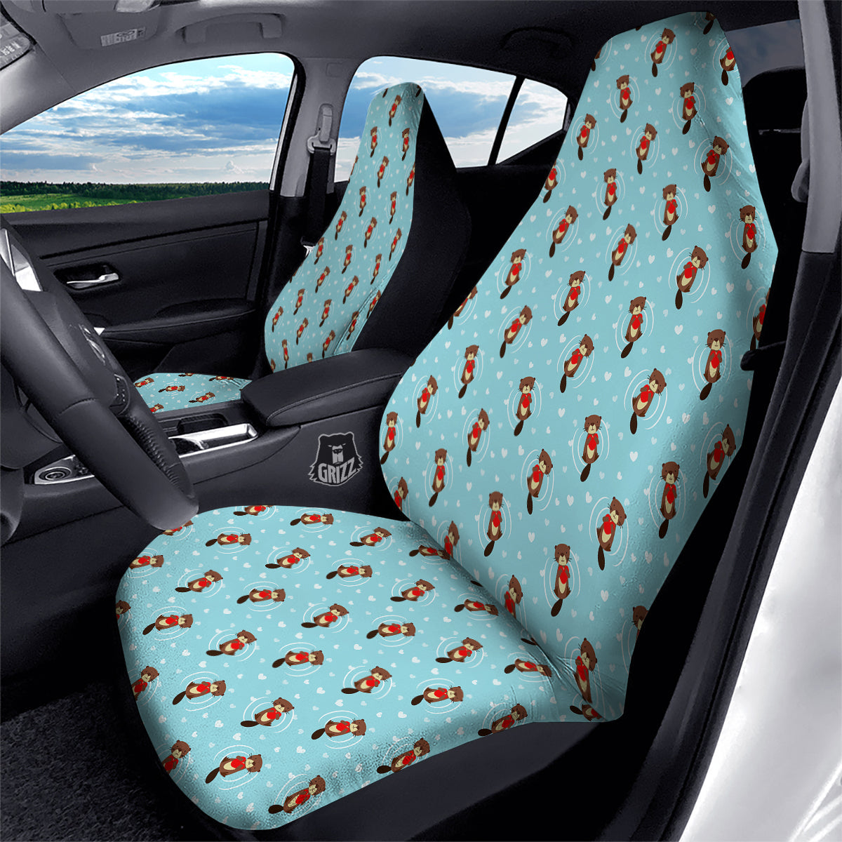 Beaver And Heart Print Pattern Car Seat Covers-grizzshop