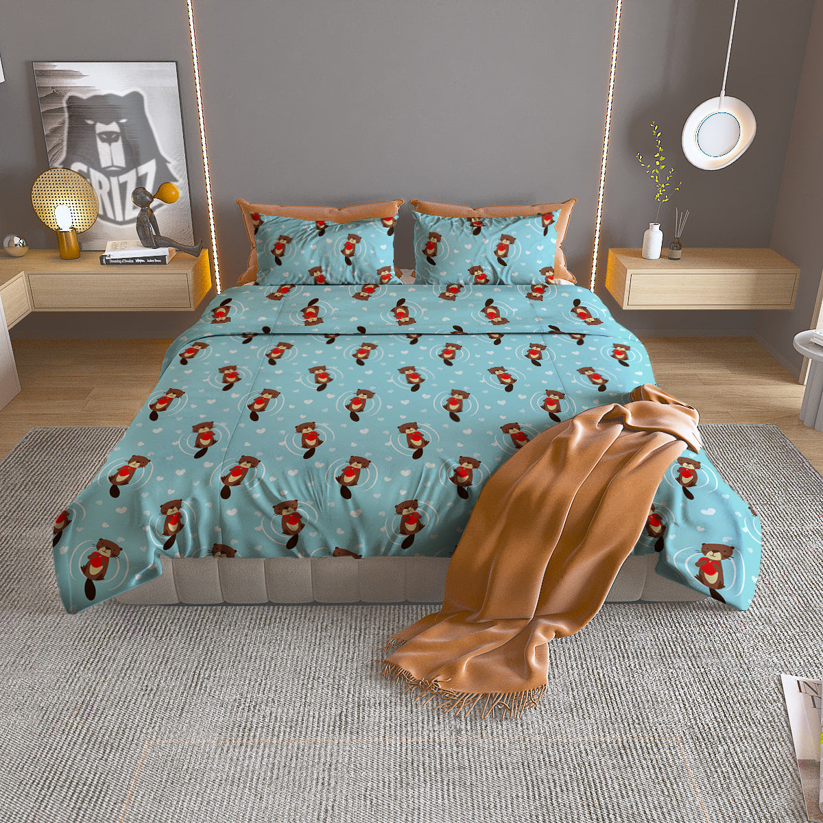 Beaver And Heart Print Pattern Duvet Cover Bedding Set