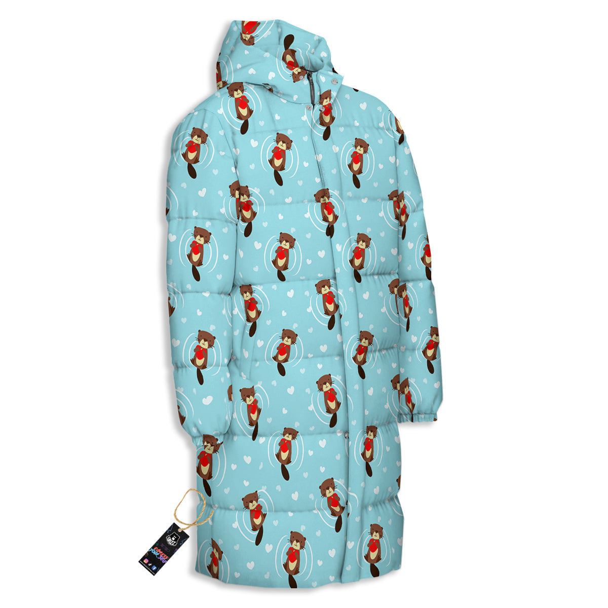Beaver And Heart Print Pattern Long Down Jacket-grizzshop