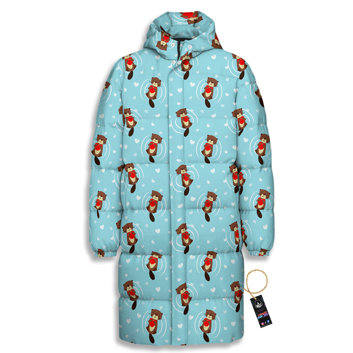 Beaver And Heart Print Pattern Long Down Jacket-grizzshop