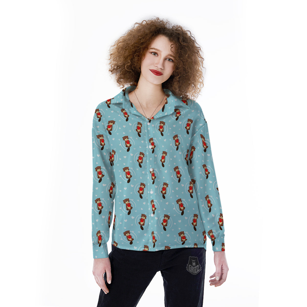 Beaver And Heart Print Pattern Women's Long Sleeve Shirts-grizzshop