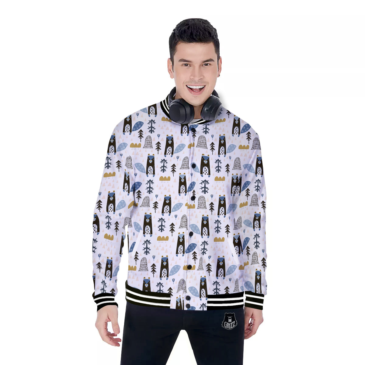 Beaver Cartoon Print Pattern Baseball Jacket-grizzshop