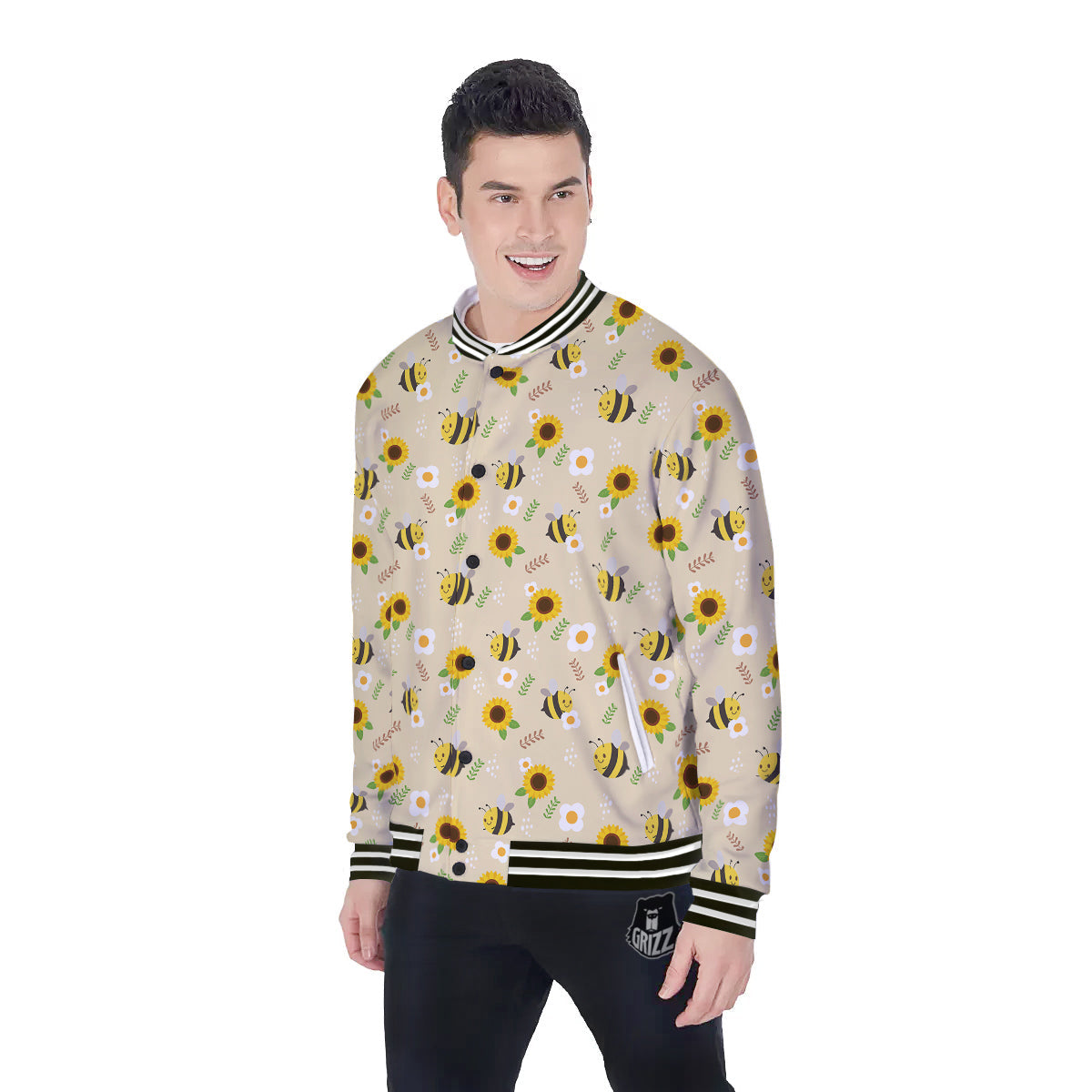 Bee Cute Cartoon Print Pattern Baseball Jacket-grizzshop