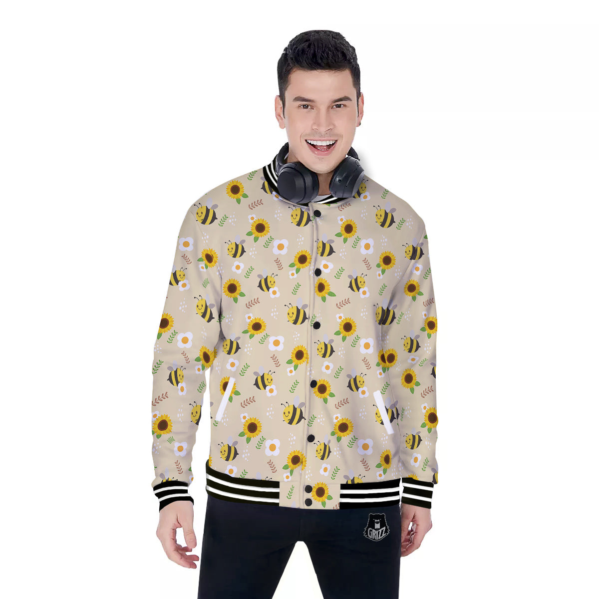 Bee Cute Cartoon Print Pattern Baseball Jacket-grizzshop