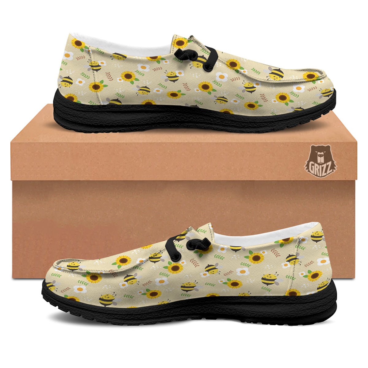 Bee Cute Cartoon Print Pattern Black Loafers-grizzshop