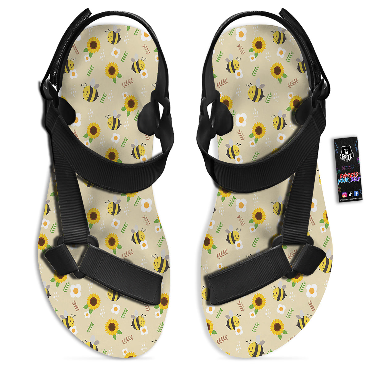 Bee Cute Cartoon Print Pattern Black Open Toe Sandals-grizzshop