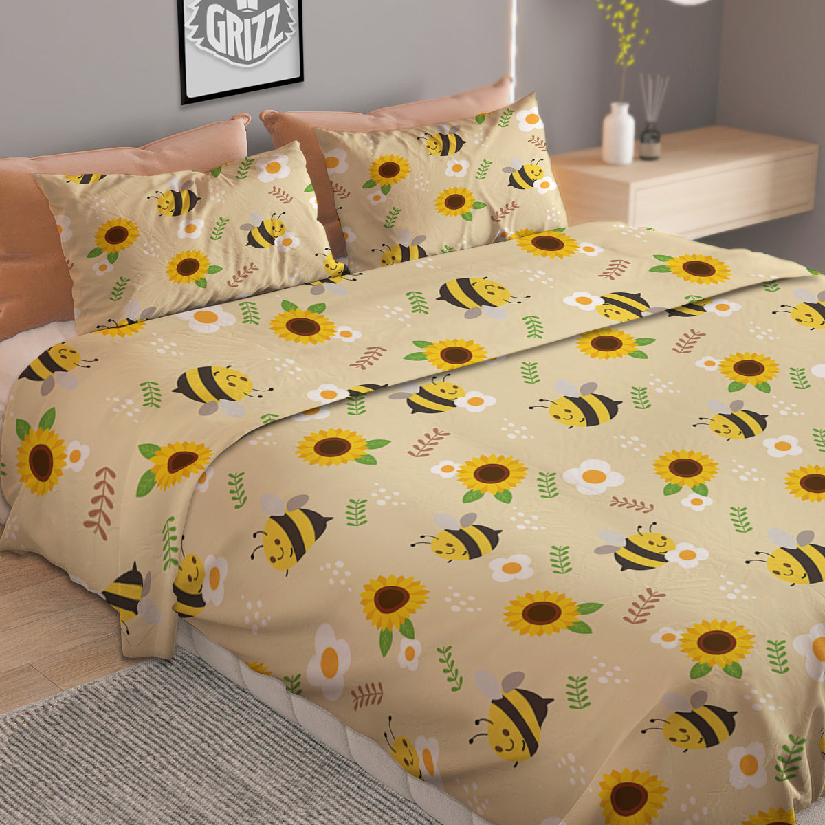 Bee Cute Cartoon Print Pattern Duvet Cover Bedding Set