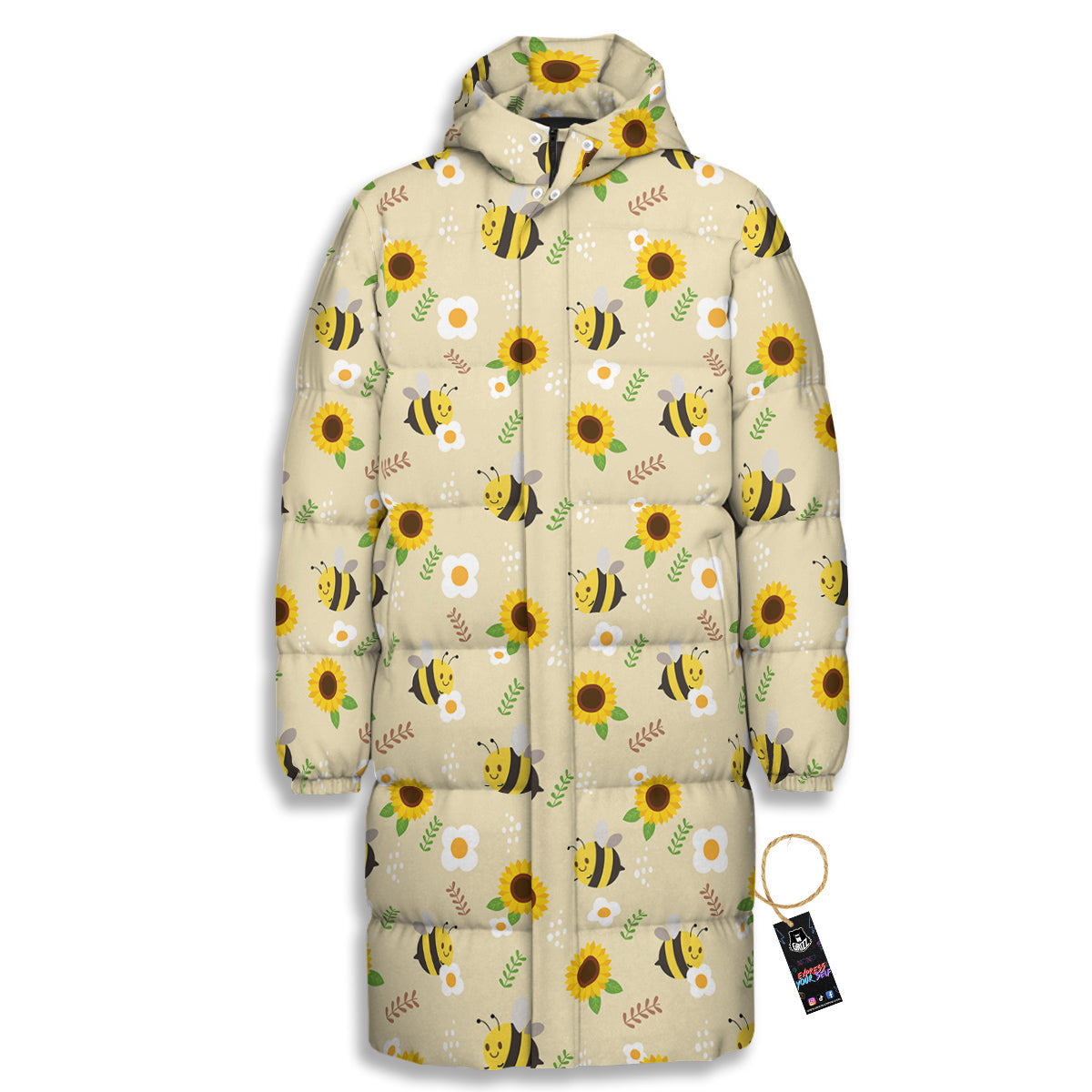 Bee Cute Cartoon Print Pattern Long Down Jacket-grizzshop