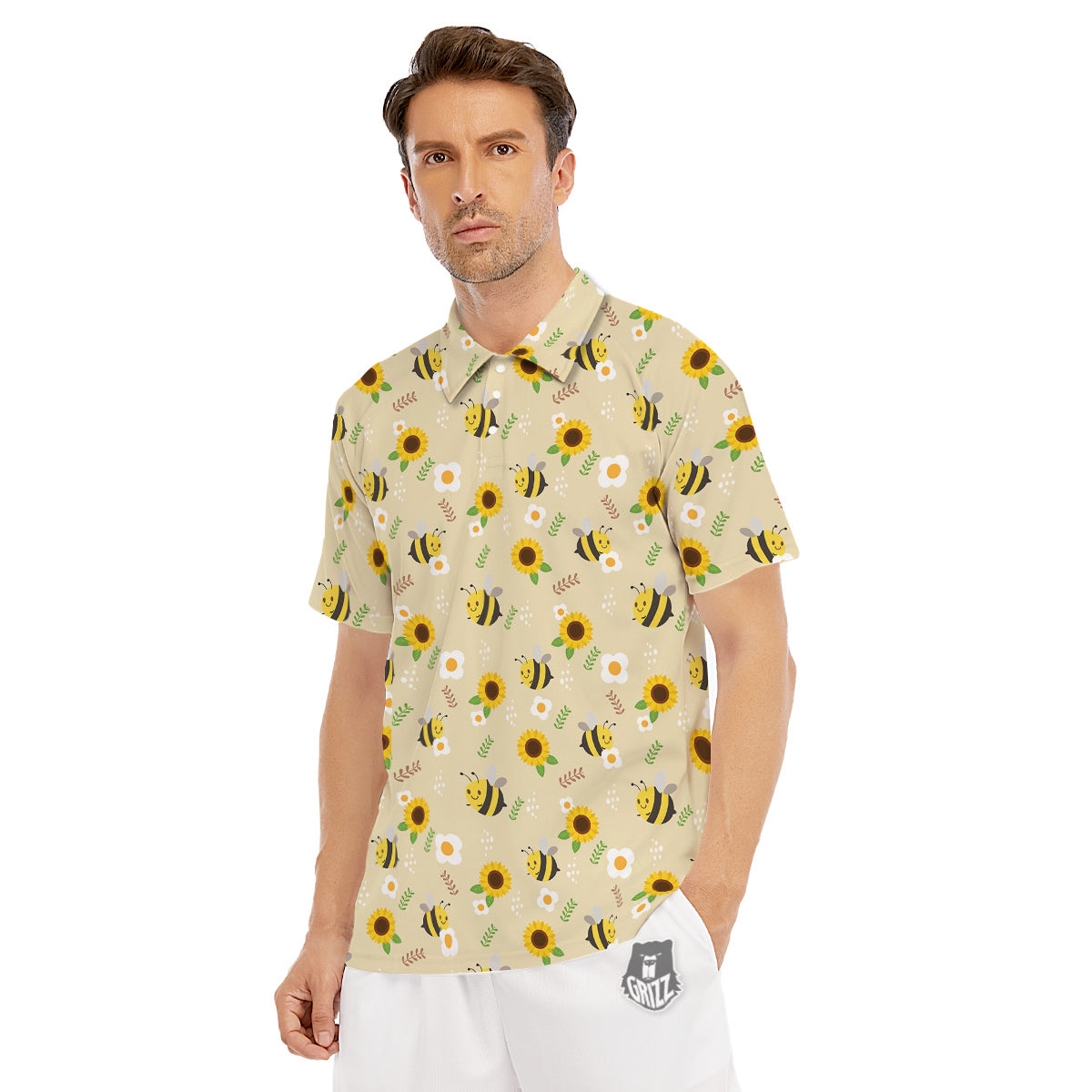 Bee Cute Cartoon Print Pattern Men's Golf Shirts-grizzshop