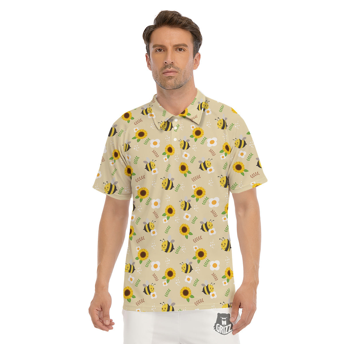 Bee Cute Cartoon Print Pattern Men's Golf Shirts-grizzshop