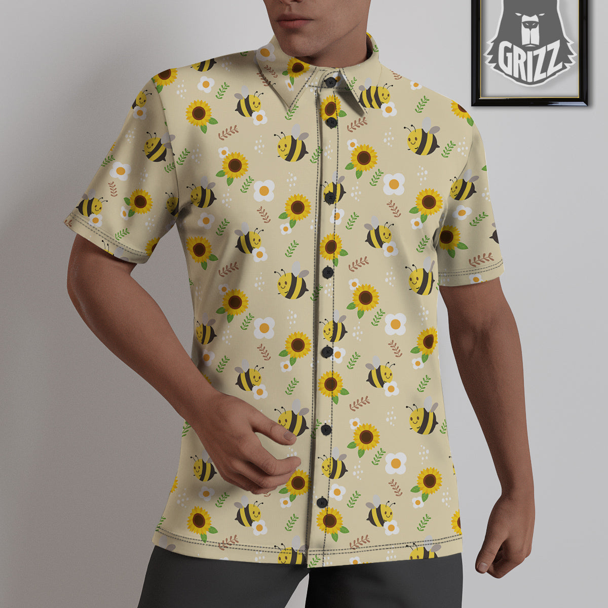 Bee Cute Cartoon Print Pattern Untucked Shirts-grizzshop