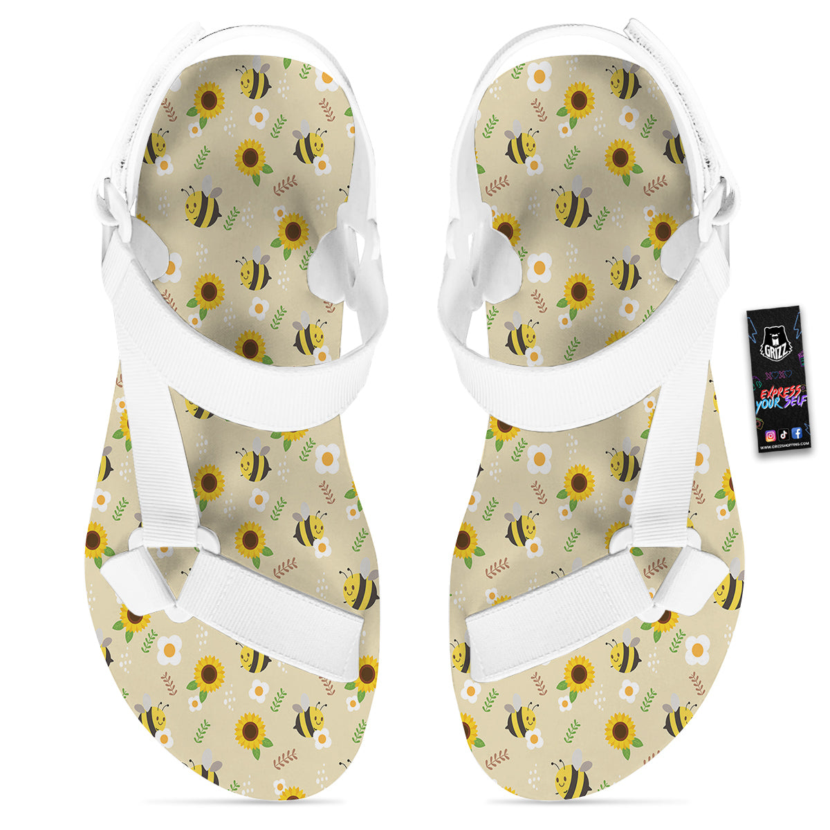 Bee Cute Cartoon Print Pattern White Open Toe Sandals-grizzshop