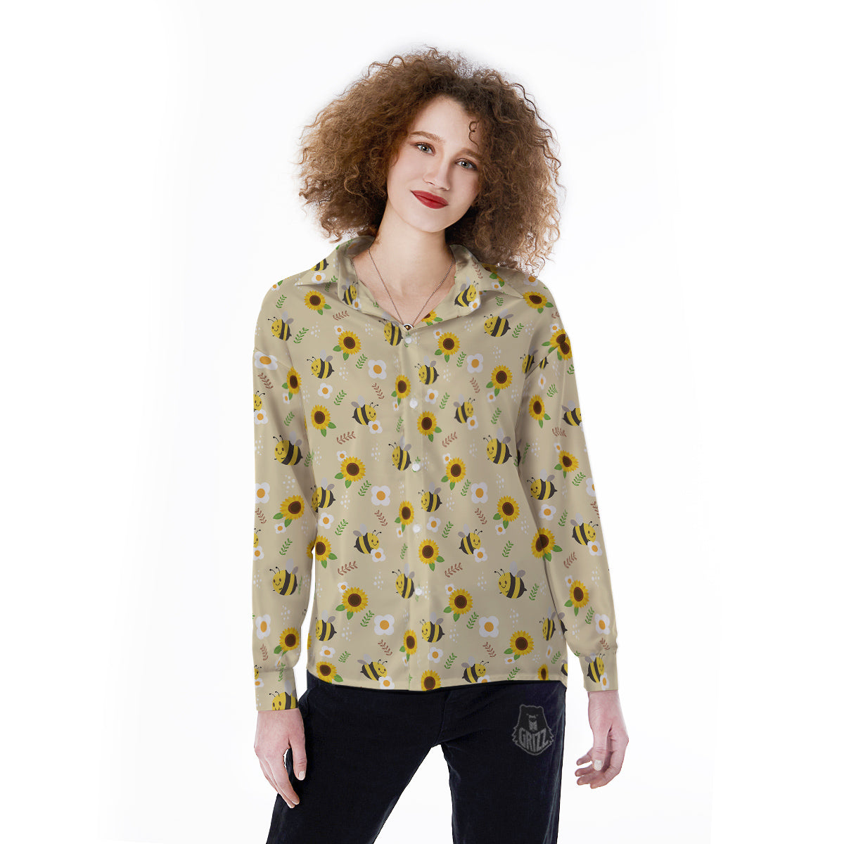 Bee Cute Cartoon Print Pattern Women's Long Sleeve Shirts-grizzshop