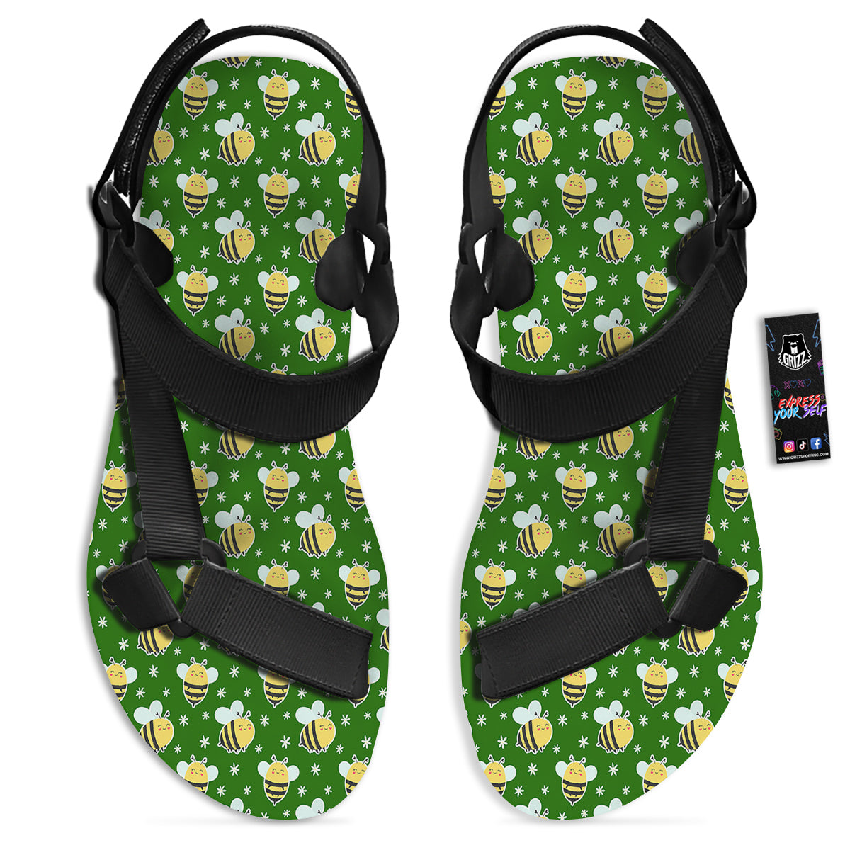 Bee Cute Honey Print Pattern Black Open Toe Sandals-grizzshop