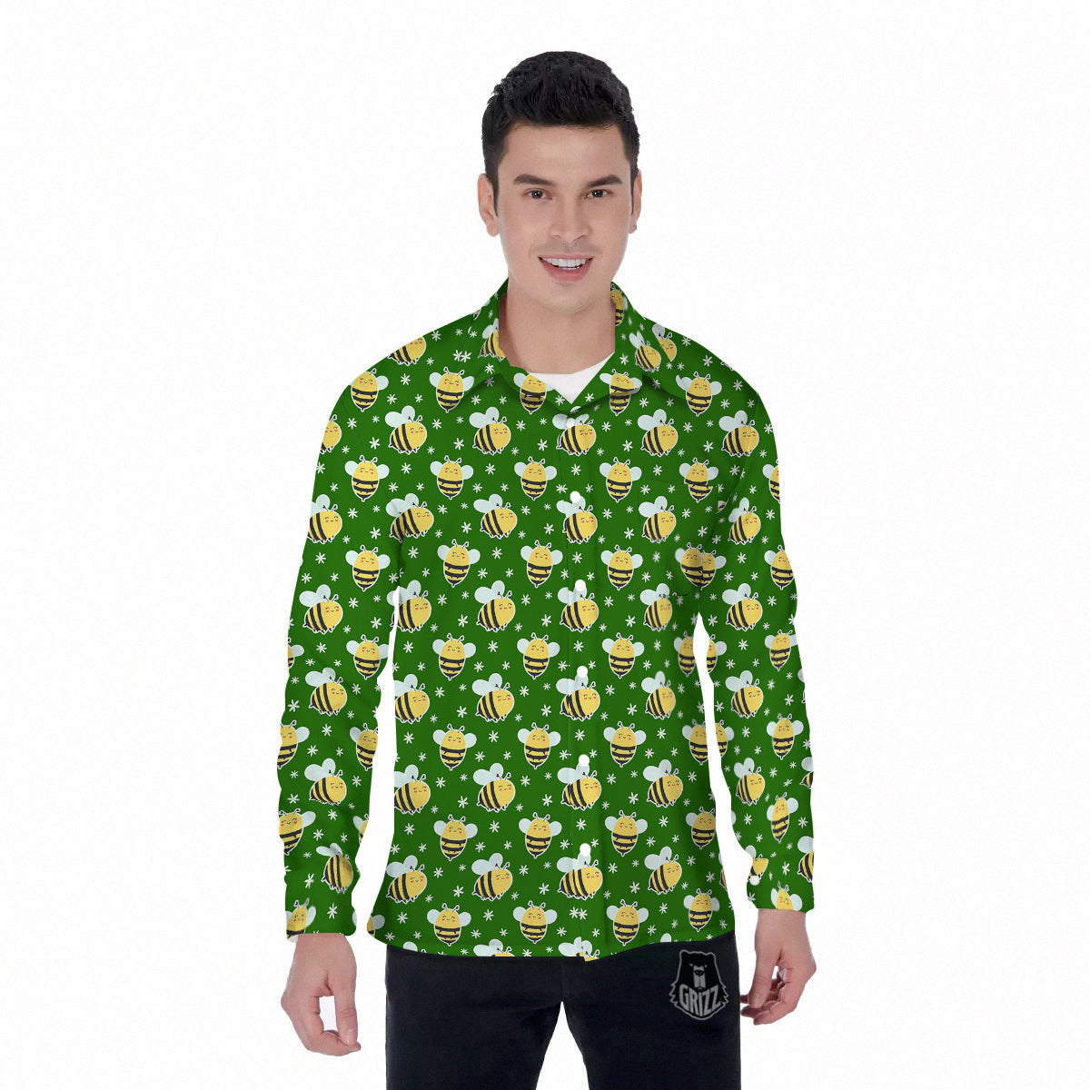 Bee Cute Honey Print Pattern Men's Long Sleeve Shirts-grizzshop