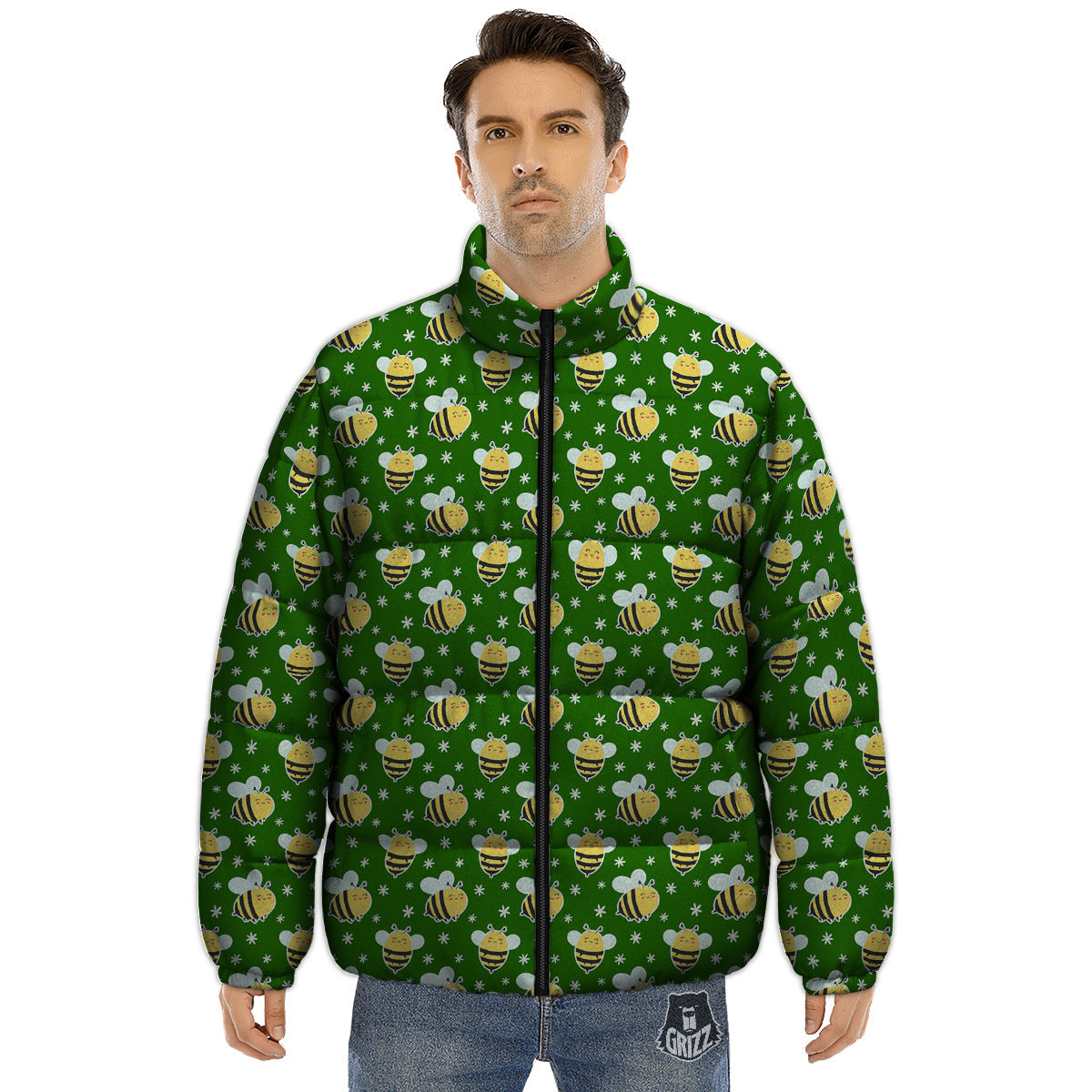 Bee Cute Honey Print Pattern Puffer Jacket-grizzshop
