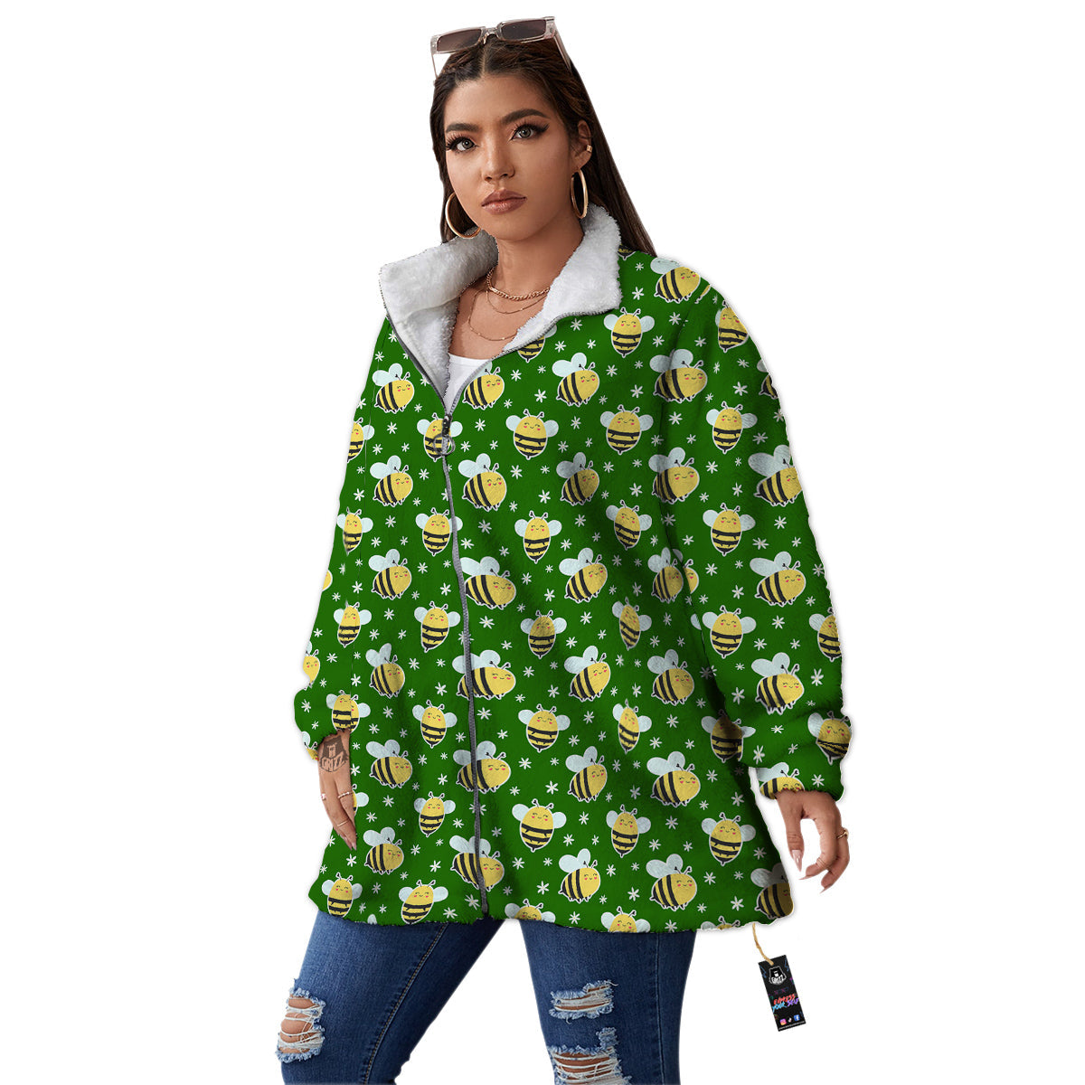 Bee Cute Honey Print Pattern Women's Sherpa Jacket-grizzshop