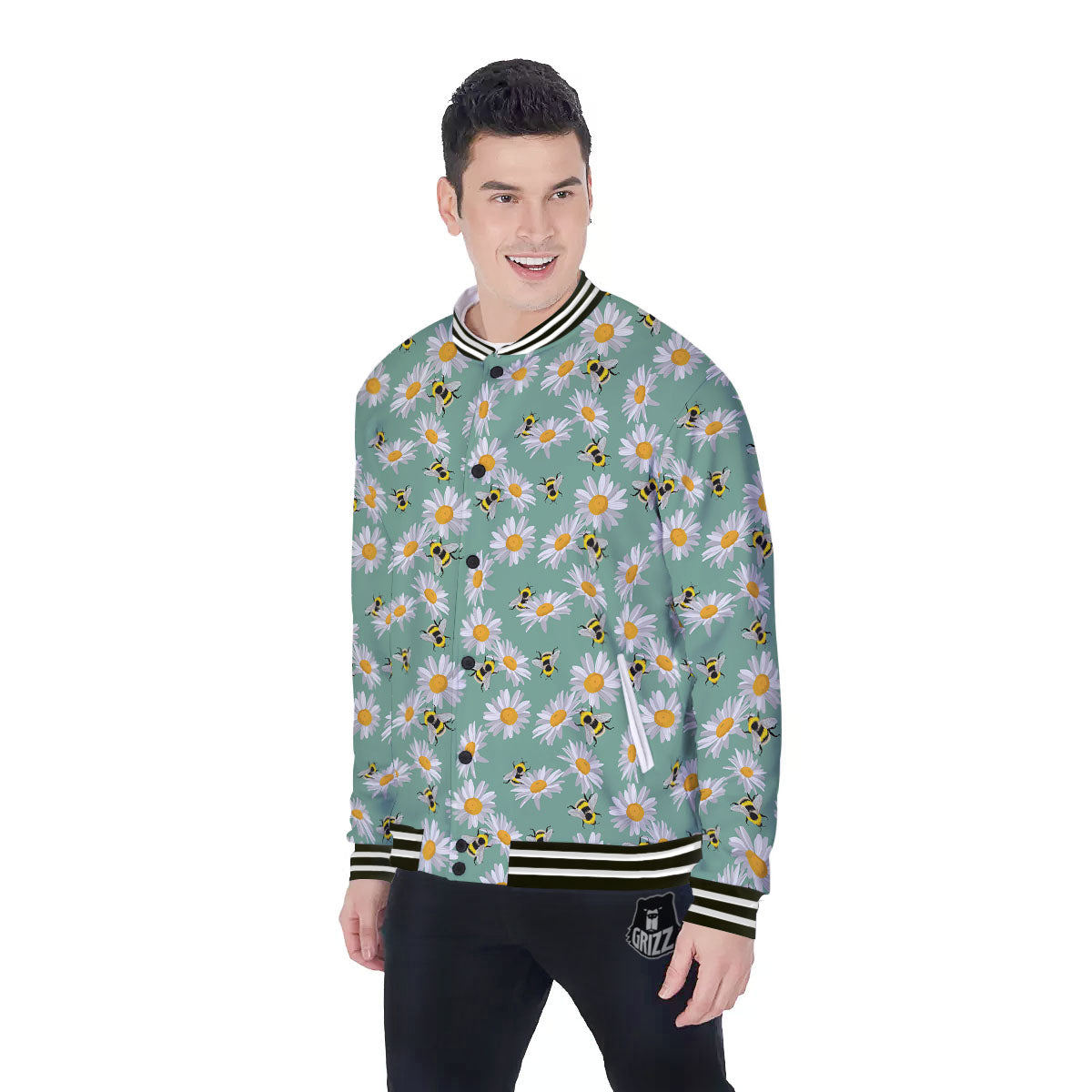 Bee Flower Print Pattern Baseball Jacket-grizzshop