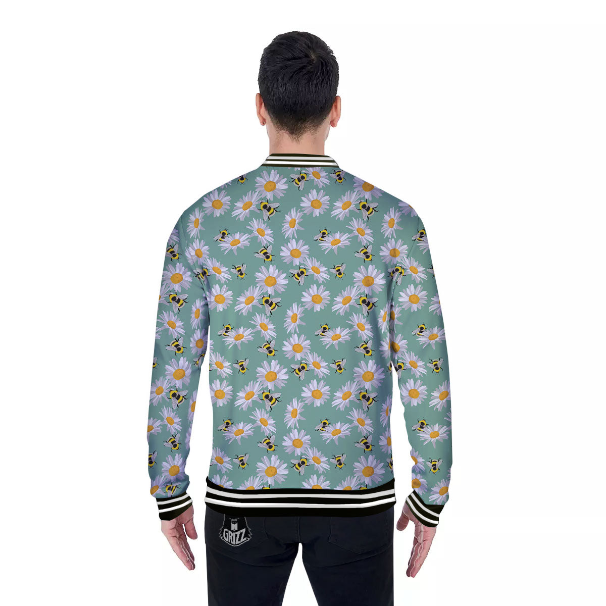 Bee Flower Print Pattern Baseball Jacket-grizzshop