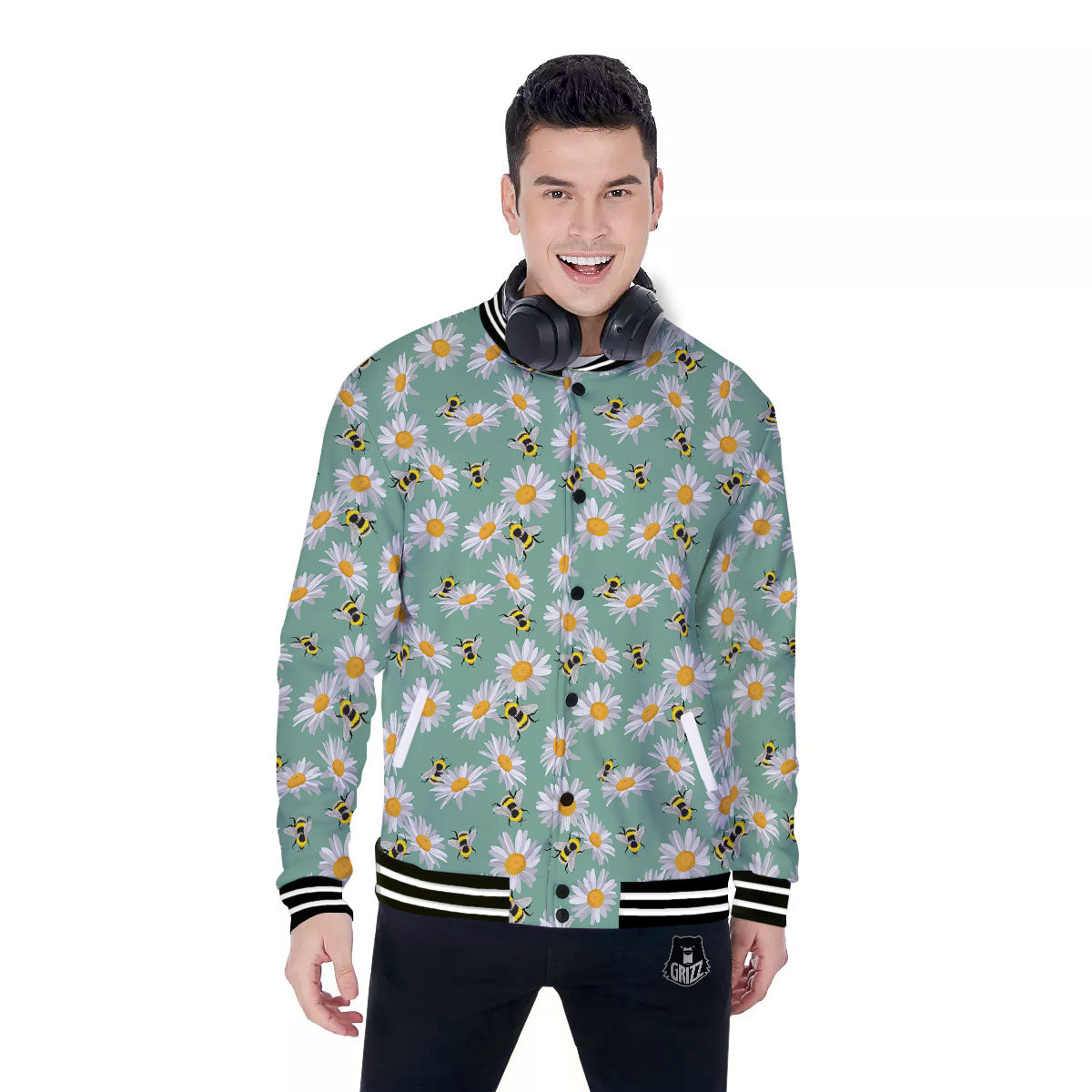 Bee Flower Print Pattern Baseball Jacket-grizzshop
