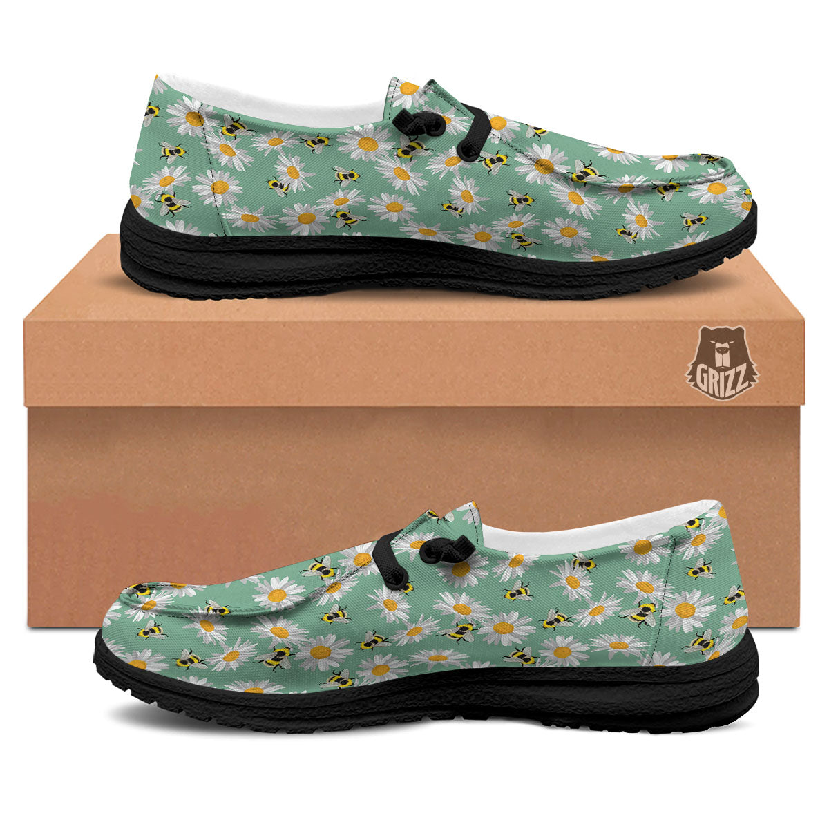 Bee Flower Print Pattern Black Loafers-grizzshop